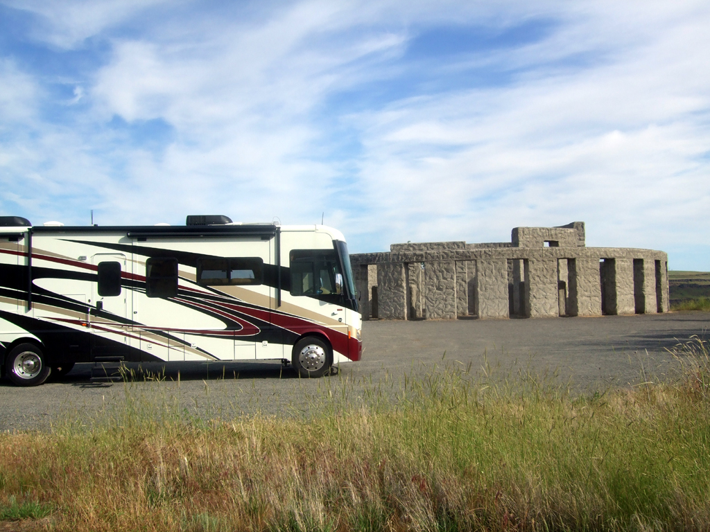 Motorhome parked in front of Stonehenge in Texas Hill Country.
