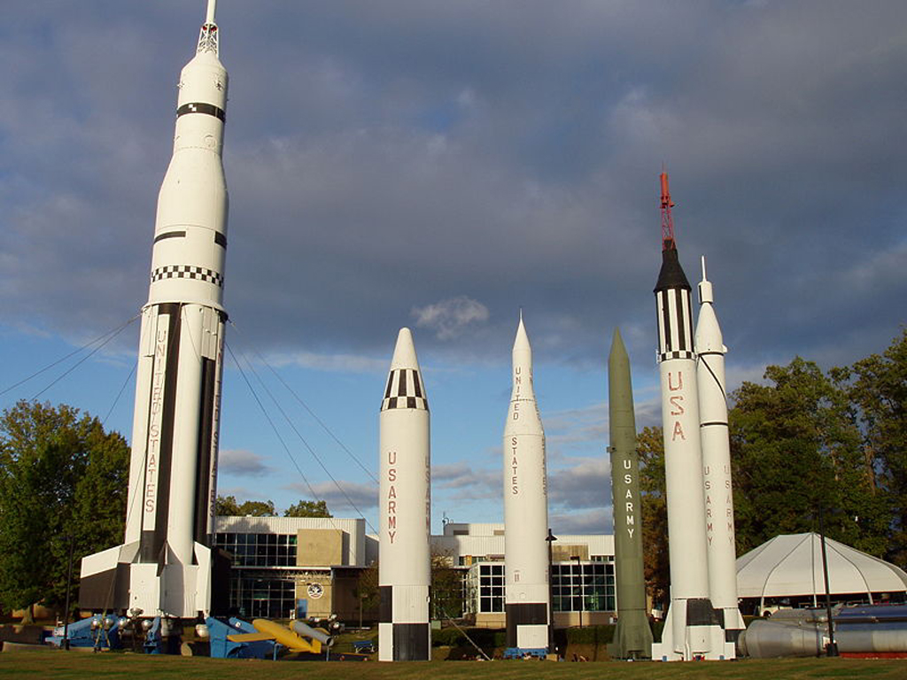 Rockets on display outside the U.S. Space and Rocket Center.