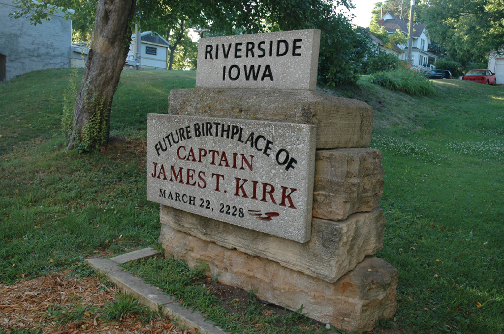 Sign in the stone that reads "Future Birthplace of Captain James T Kirk March 22, 2228.