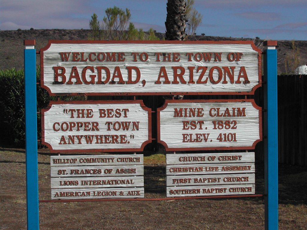 Welcome sign for Bagdad, Arizona.
