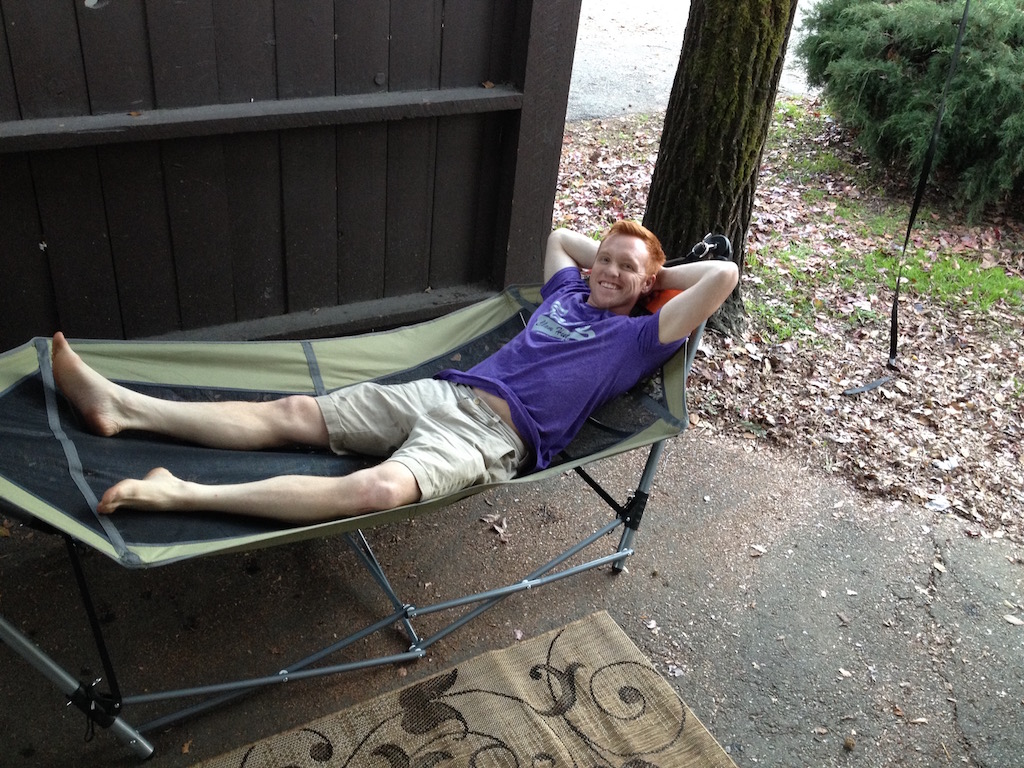 Heath relaxing in a hammock.