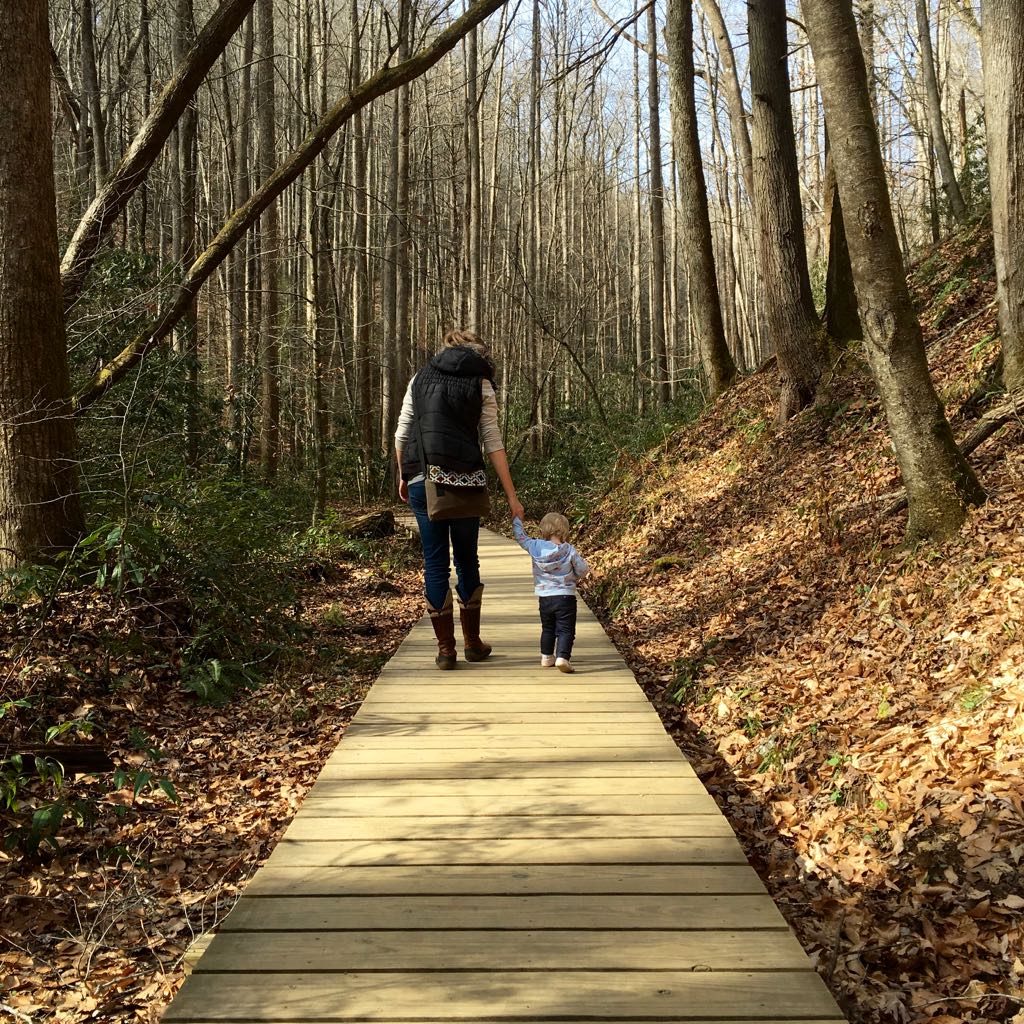 Woman and child walking through boarded path through the trees.