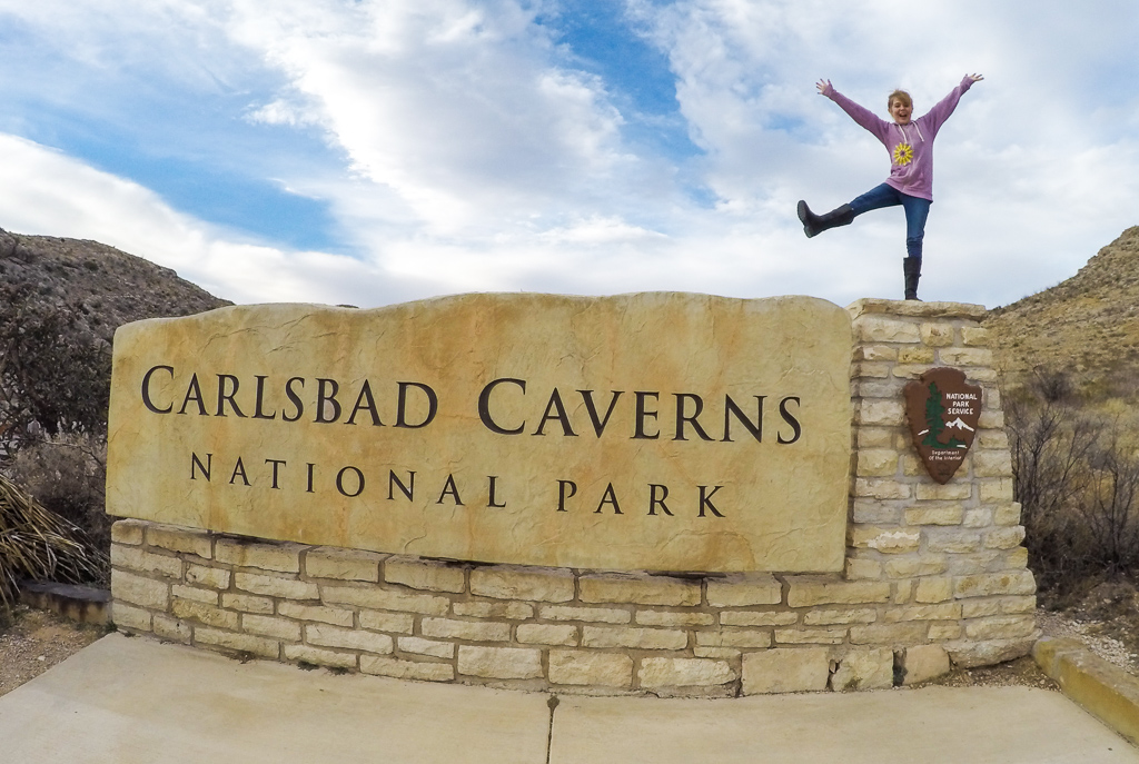 Abby standing atop the Carlsbad Caverns National Park sign.