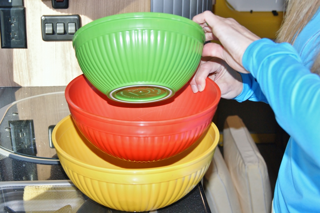 Three Nordic Ware bowls that are stack able being displayed by Stef.