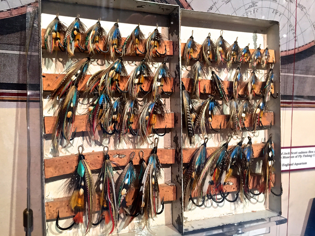 Fly fishing hooks on display.