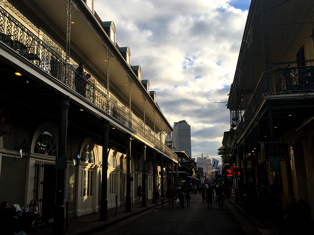 View down a street in the French Quarter.