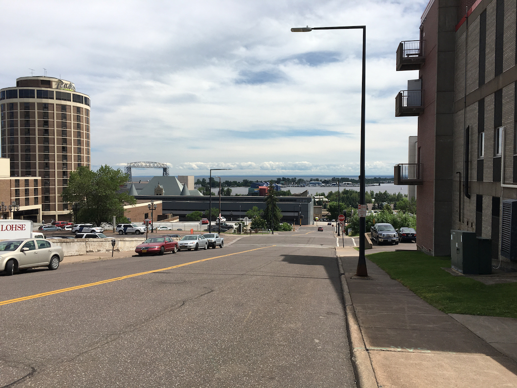 View down the street towards the marina in Duluth.