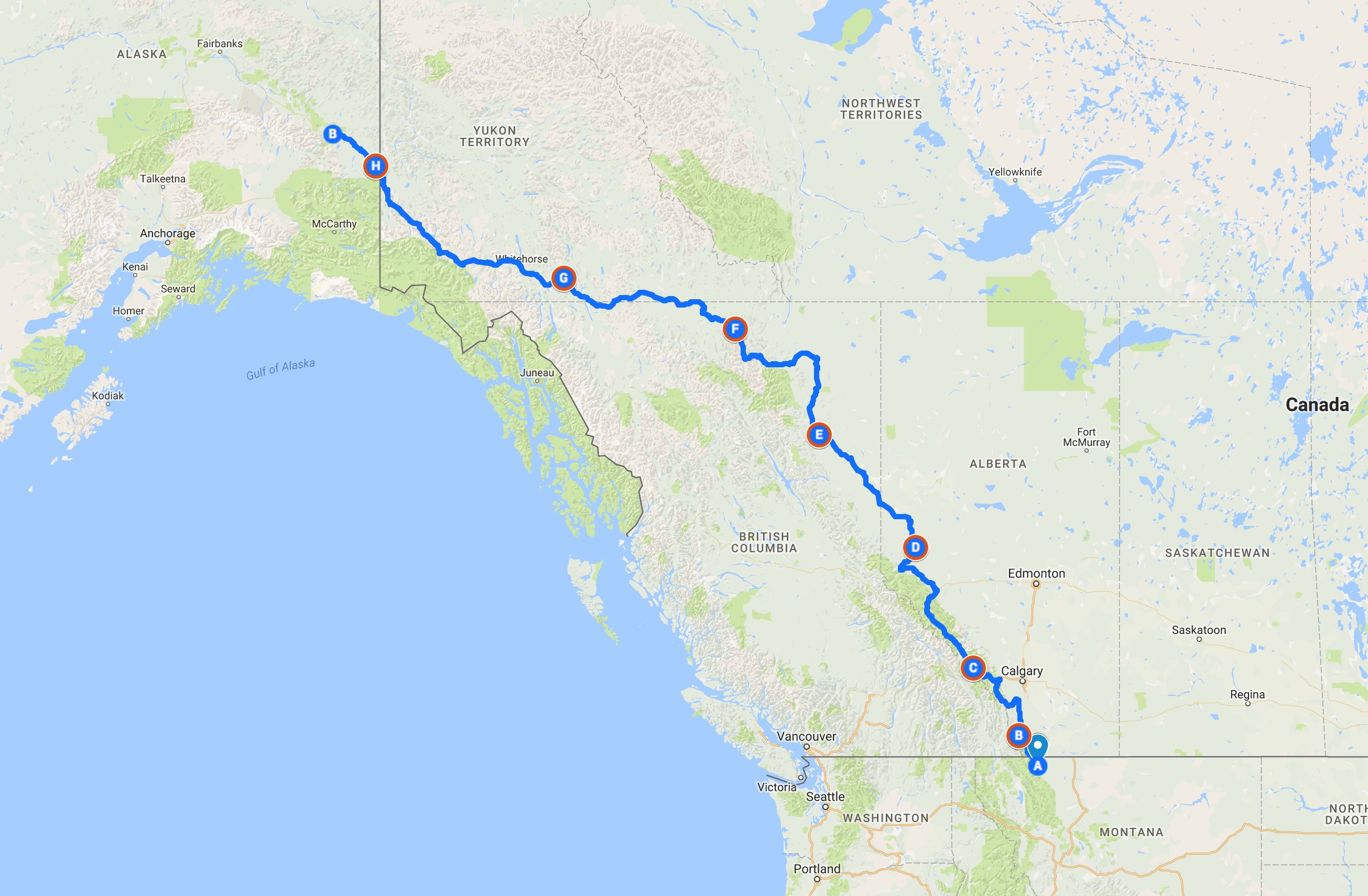 Map showing route from Montana through Canada up to Alaska.