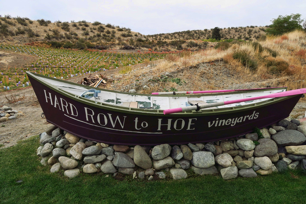 Boat hat reads, "Hard Row to Hoe vineyards" resting on rocks with vineyard in the background.