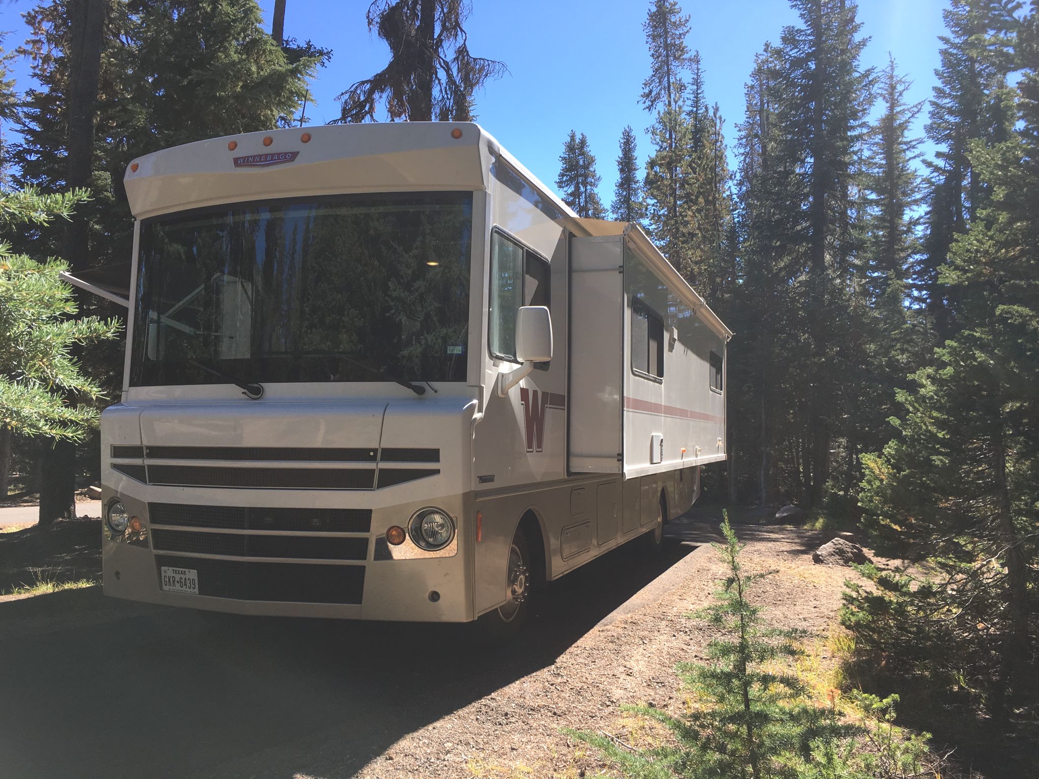 Winnebago Brave parked at campsite surrounded by trees.