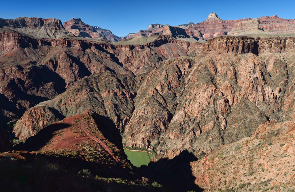 A look at the rocky canyon with glimpse of the Colorado River below.