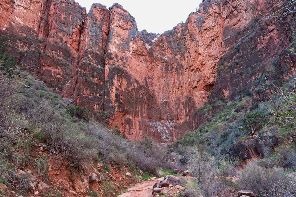 Sun lighting up the bright red rock sides of the canyon with narrow path leading through.