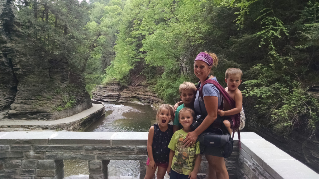 Woman and four kids at overlook over a river running through trees.