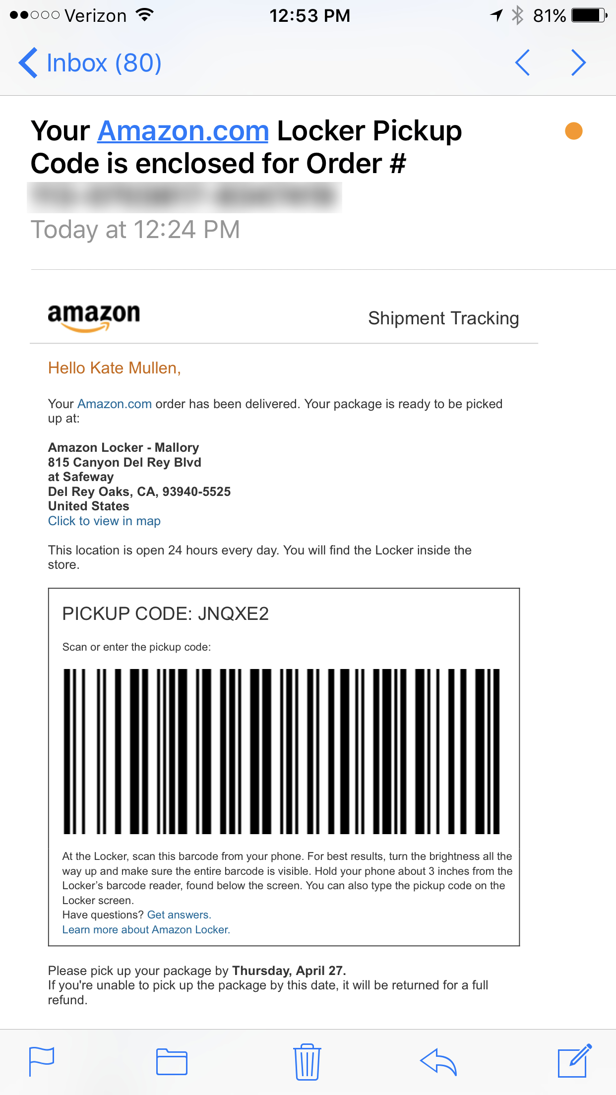 Screenshot example of Amazon Locker Service