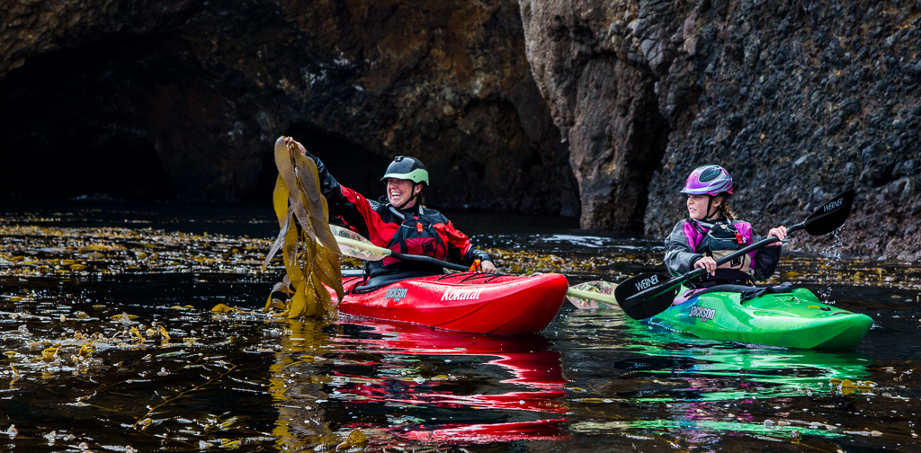 Kathy holding up a string of kelp as Abby makes a face of disgust at it with both in kayaks.