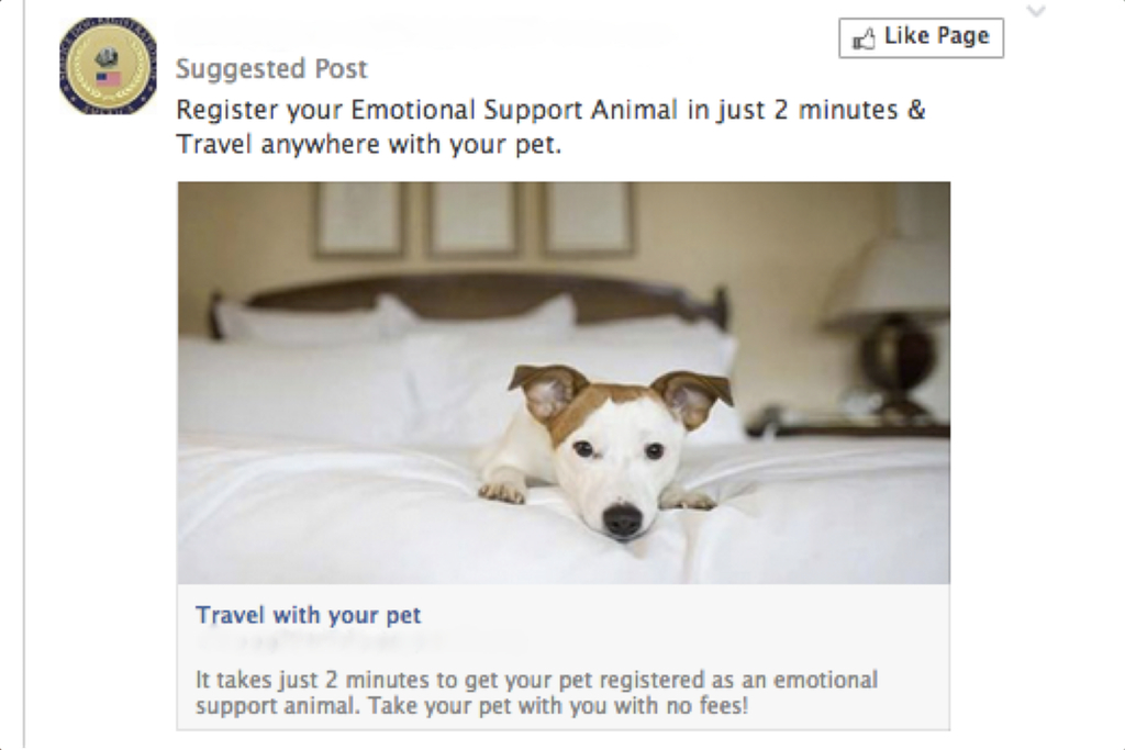 Advertisement for registering your pet as an emotional support animal.
