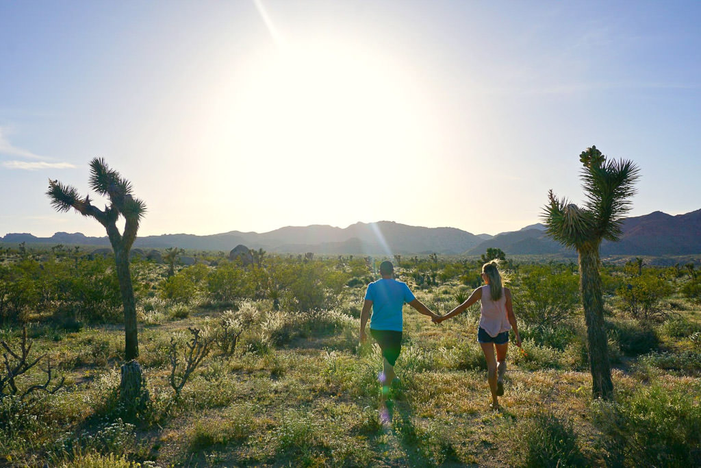 Couple walking through rough desert landscape holding hands.