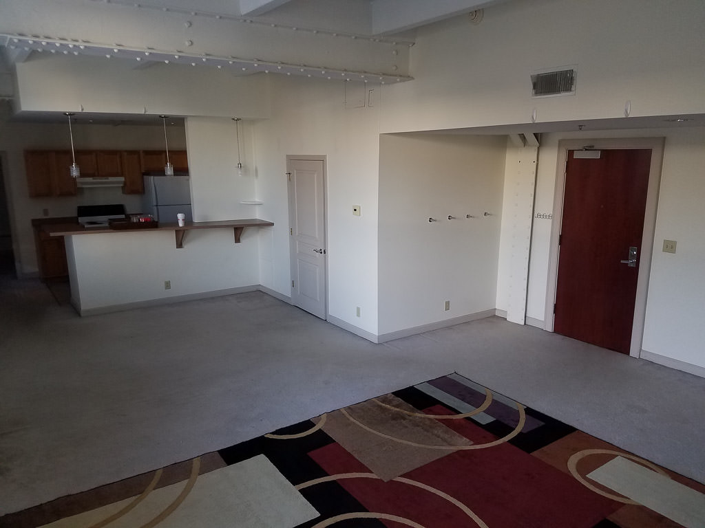 Empty living room and kitchen of apartment.