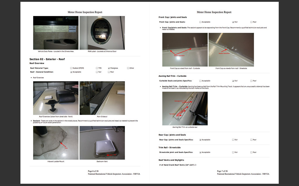 Motor Home Inspection Report with photos