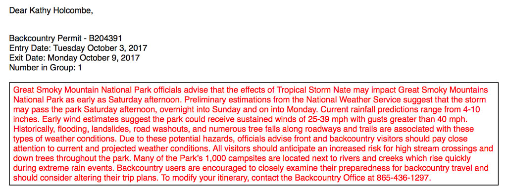 Note from the Park Service notifying Kathy of the incoming Tropical Storm.