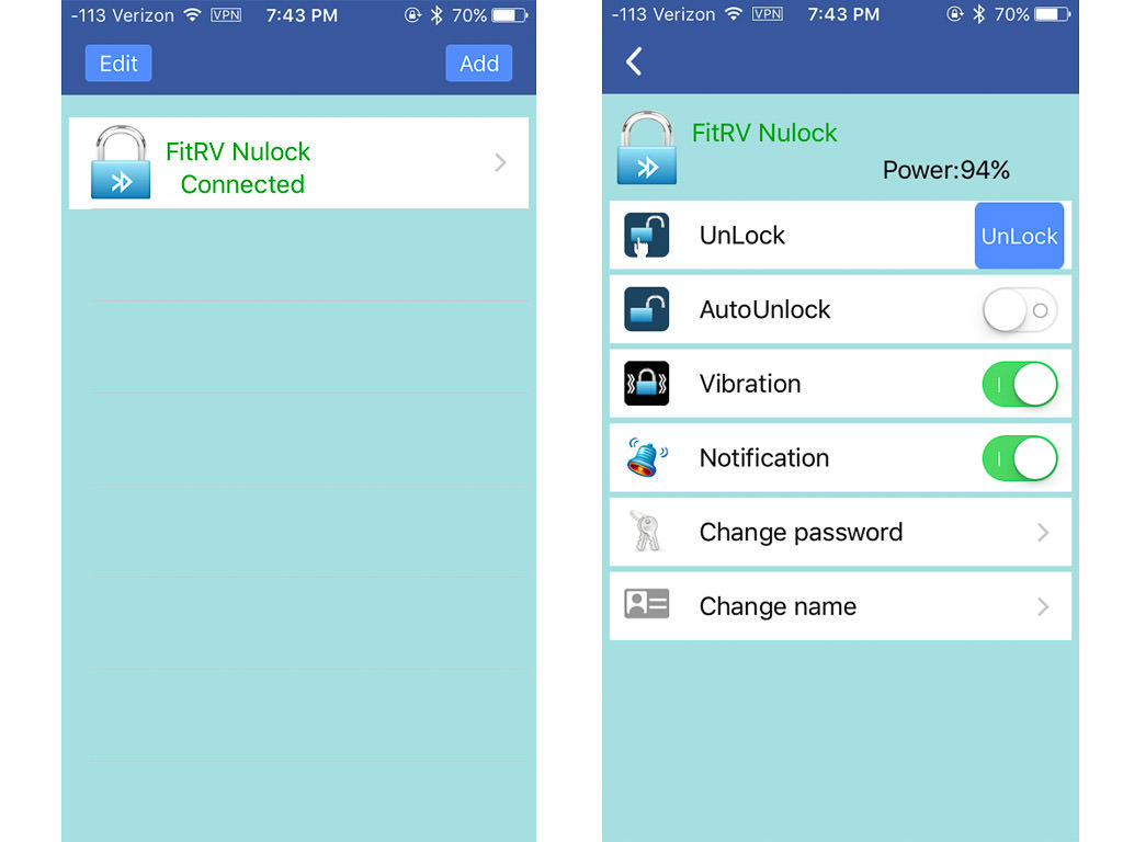 Screenshot of Nulock pairing with smartphone device via a Bluetooth connection