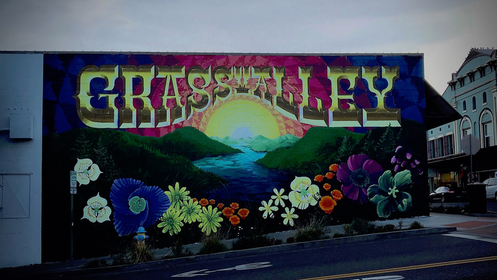 Mural with "Grass Valley" written in paint with flowers below on the side of a building.
