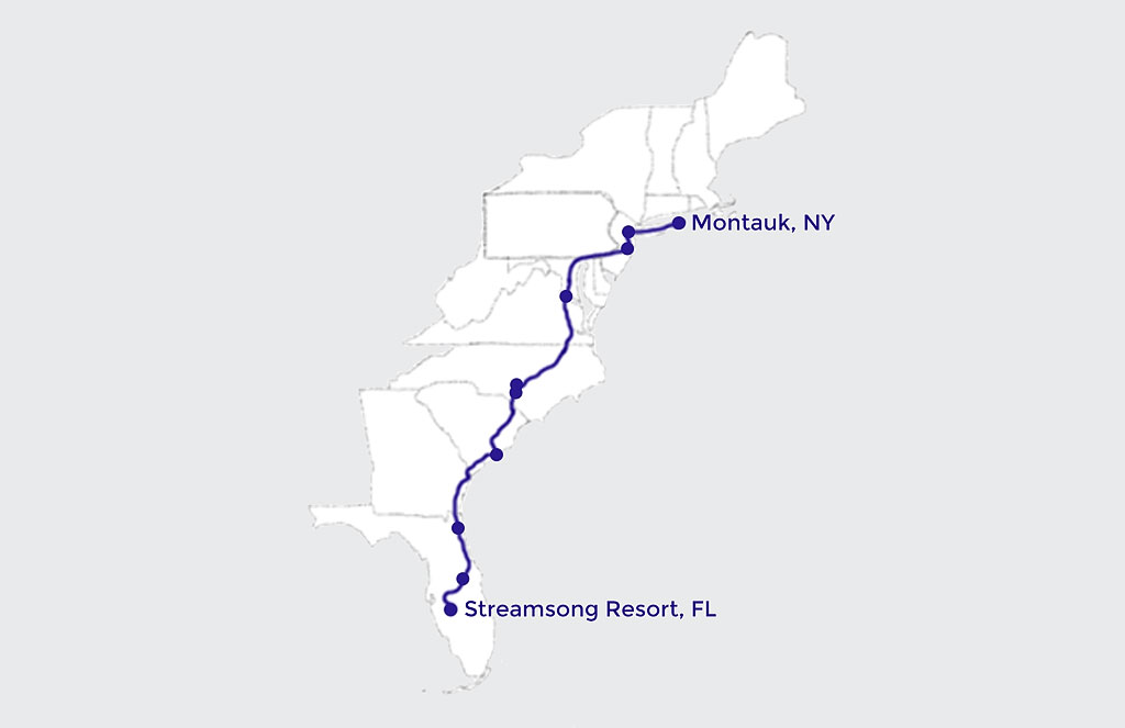 Map of route from Montauk, NY to Streamsong, FL