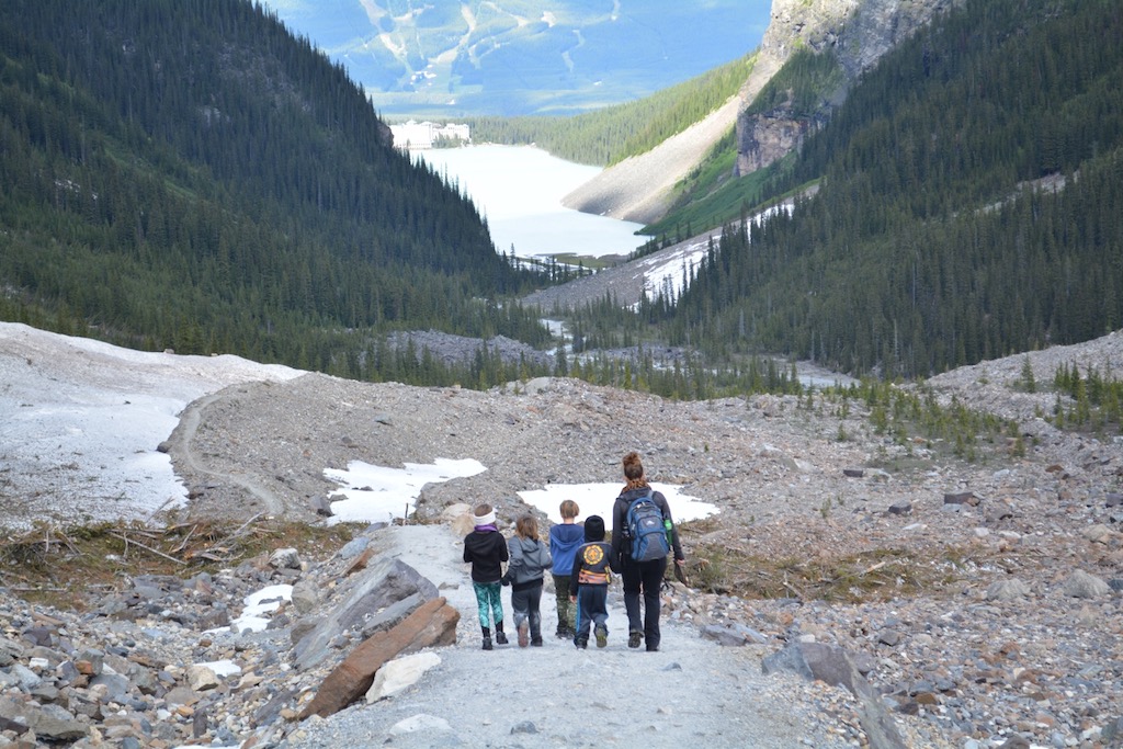 Bryanna and kids walking down mountain