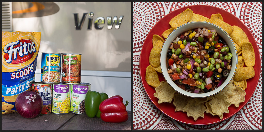 First photo is cowboy caviar ingredients. Second photo is cowboy caviar in a bowl sitting on a red plate with tortilla chips on it. 