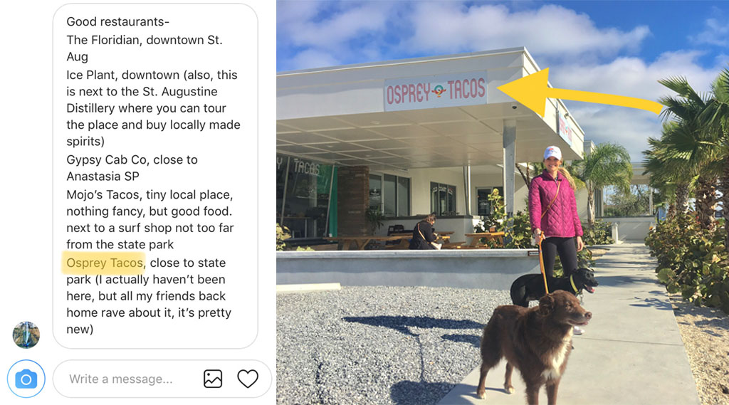First photo is message on Instagram of recommendations. Second photo is Lindsey and dogs in front of recommended restaurant. 