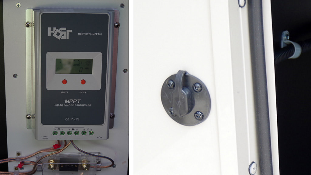 Detail view of MPPT charge controller and solar port connector