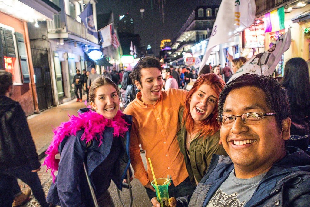 Katharine and Humberto with two van life friends on Bourbon Street