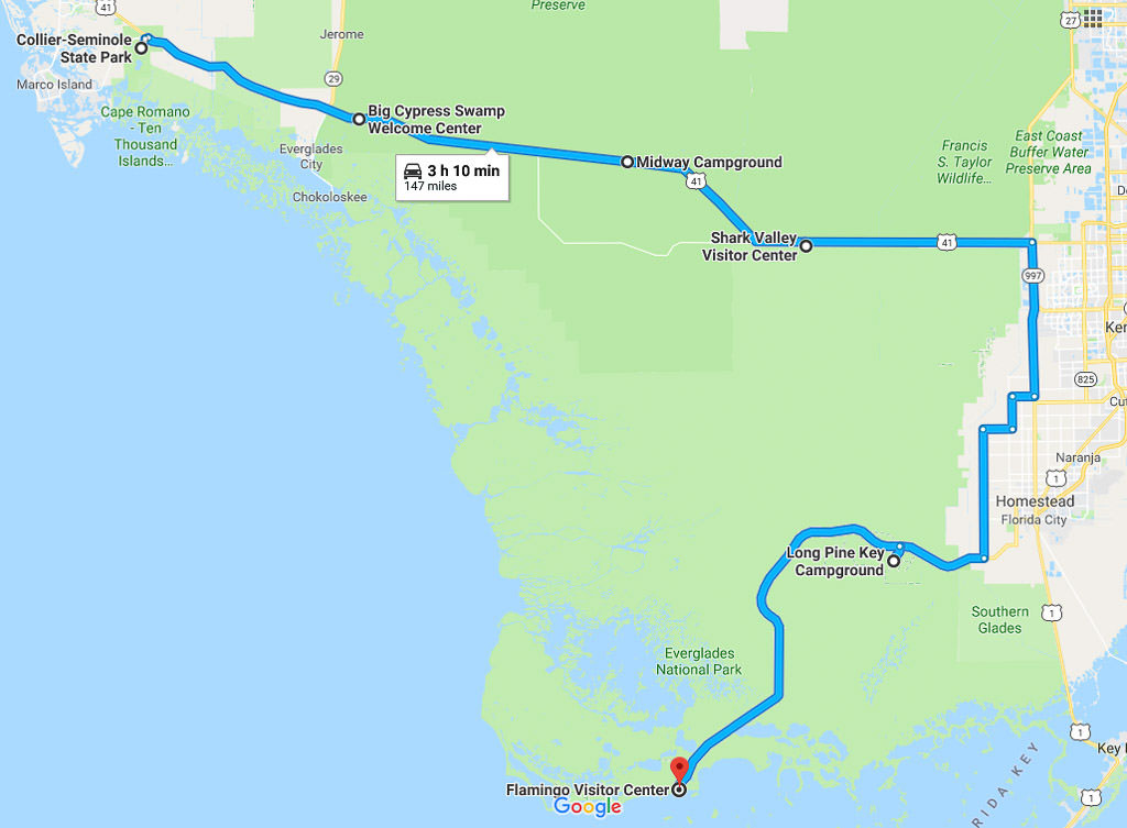 Google maps route from Collier-Seminole State Park to Flamingo Visitor Center
