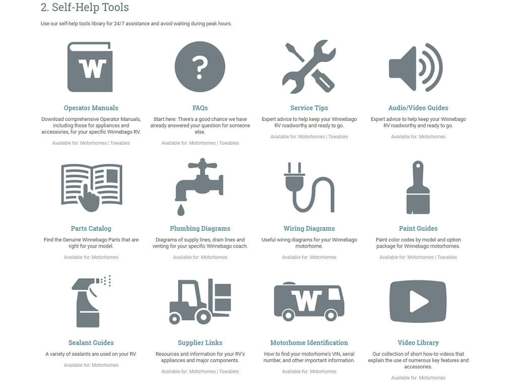 Screenshot of Winnebago Industries self-help tools web page