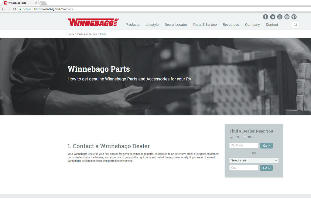 Screenshot of Winnebago Industries parts web page