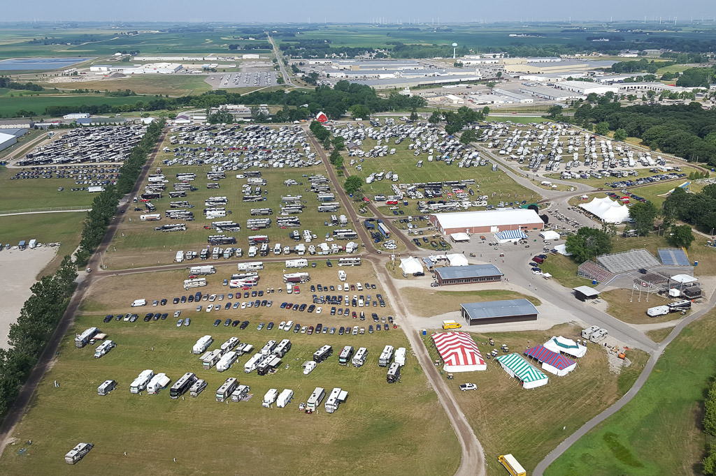 An overhead view of hundreds of motorhomes parked on the Winnebago Rally Grounds for the 49th Grand National Rally.