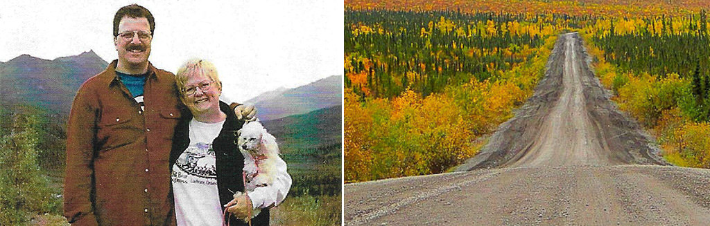 First photo: Paula and Nelson standing in front of mountains holding small white dog. Second photo: Dempster Highway