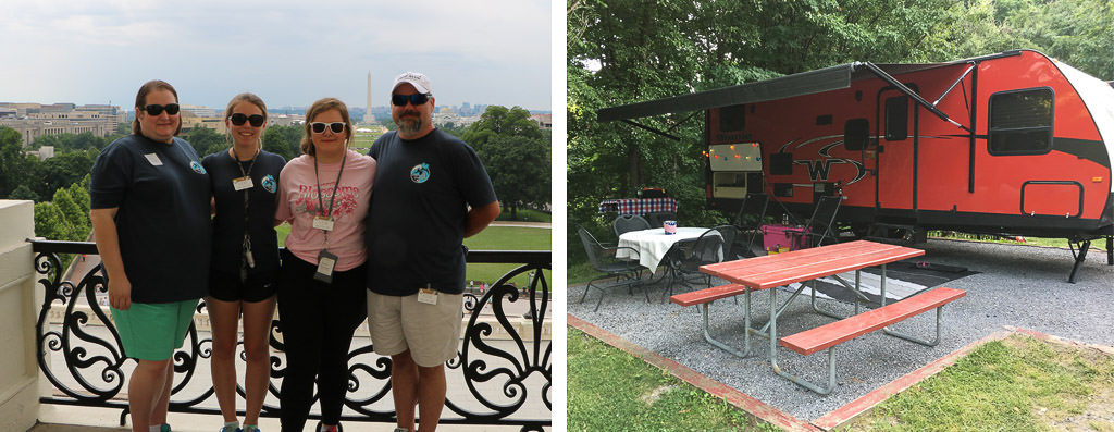 First picture: Patterson family gathered together for photo. Second picture: red Winnebago Minnie parked next to picnic table at campground
