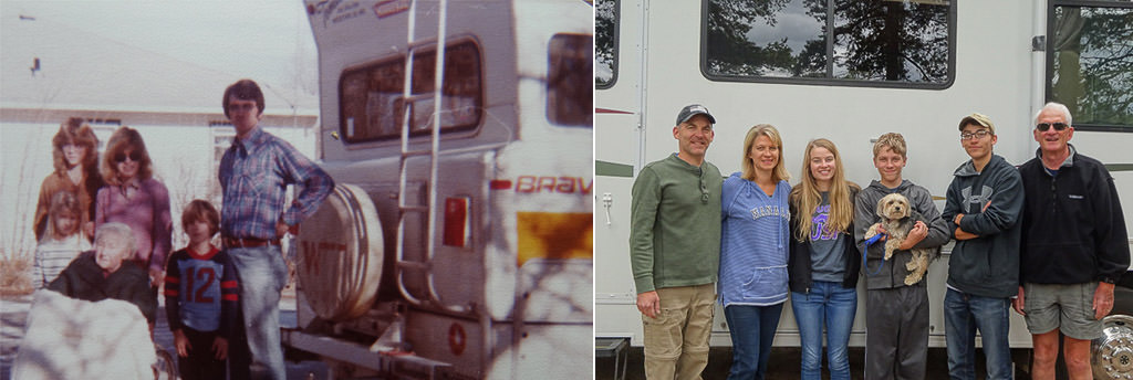 First picture: Tomlinson family next to Winnebago Brave. Second picture: Family and dog in front of Winnebago Vista