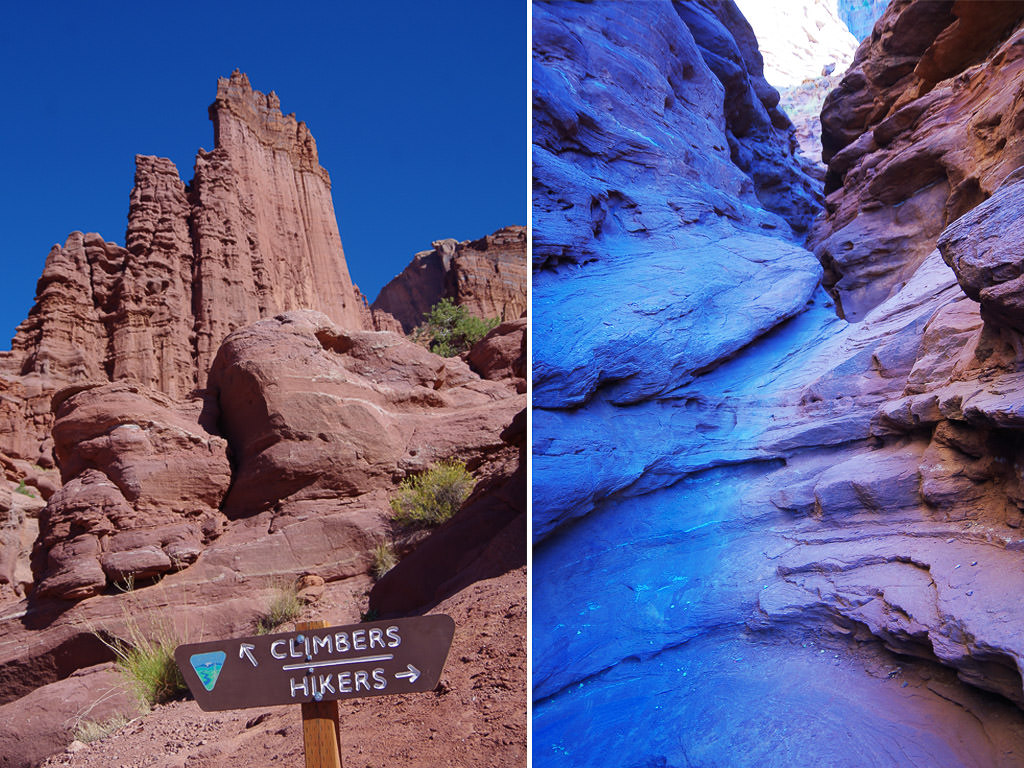 Fisher Towers with sign pointing one way for climbers and the other for hikers