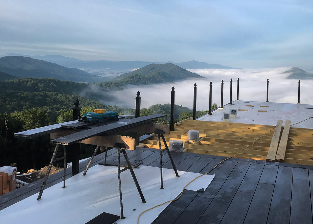 Building the deck with mountains in distance