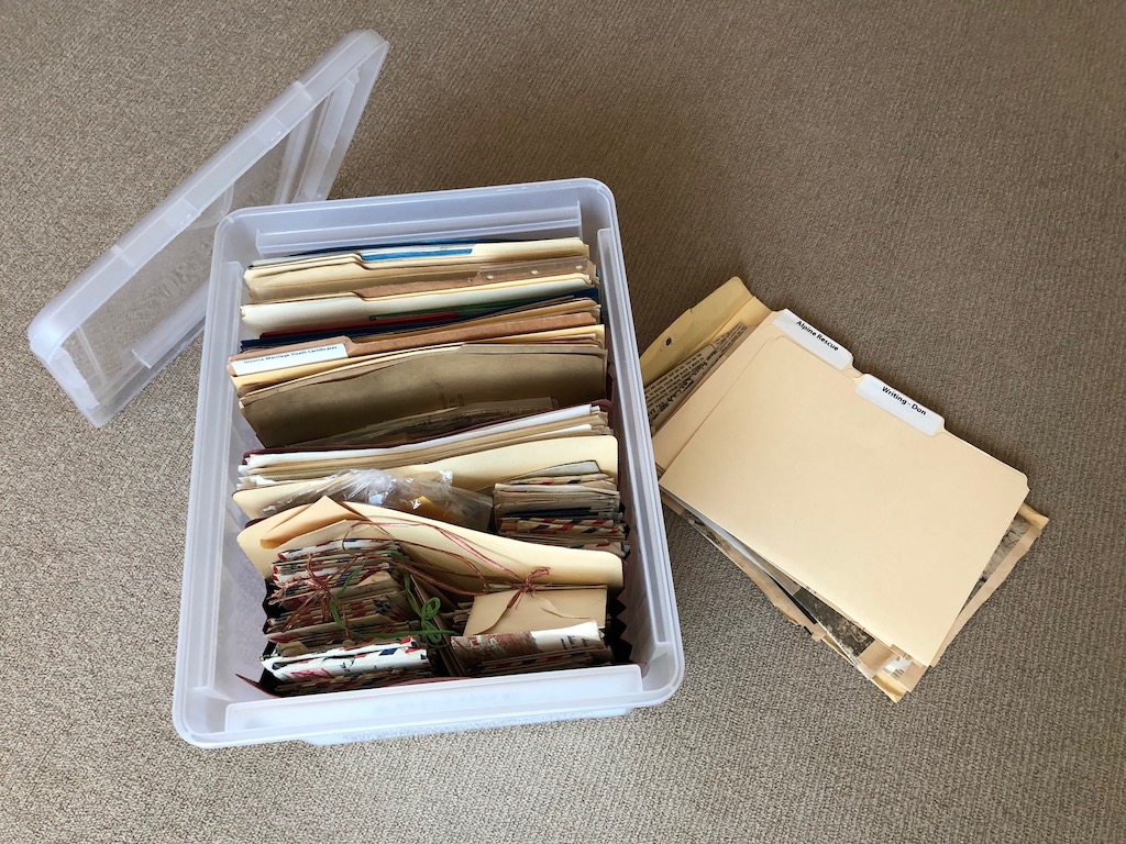 Plastic bin full of file folders