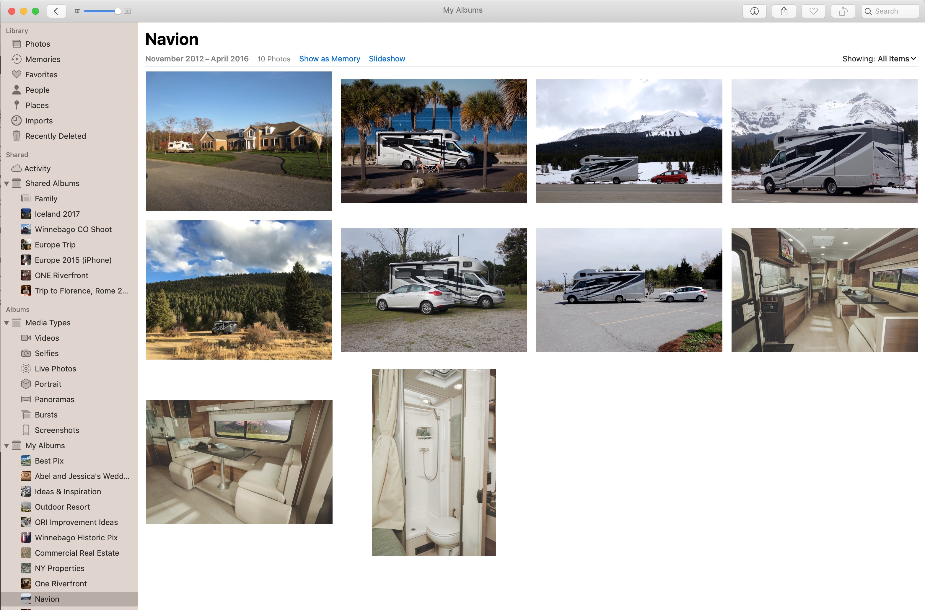 Screenshot of Apple desktop photos app with a variety images of the Winnebago Navion