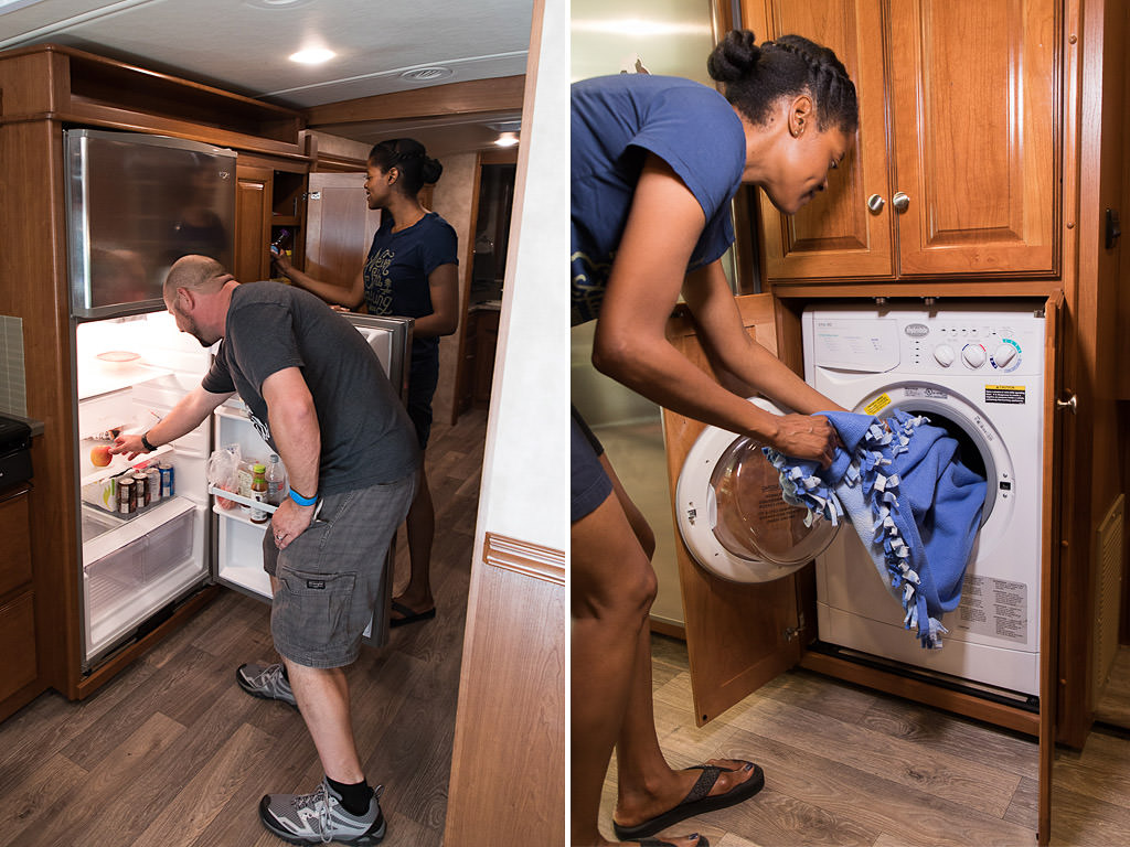 Kenny and Sabrina making use of the residential refrigerator and washing machine in the Adventurer.