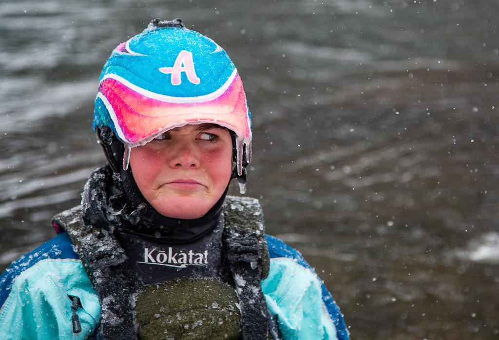 Abby with frozen water dripping off helmet