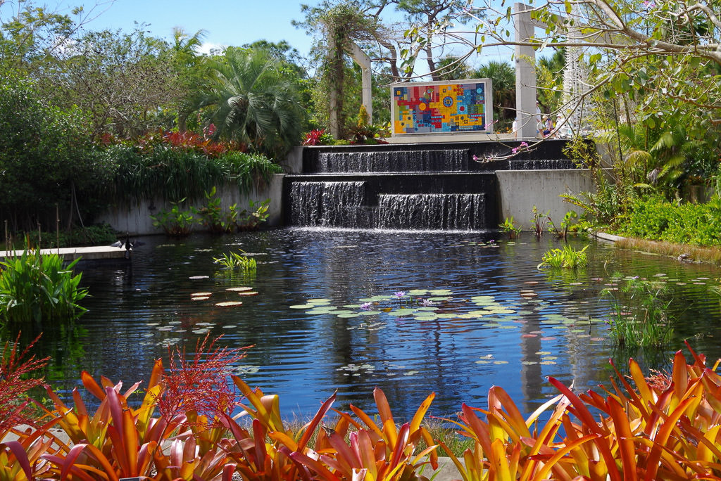 Pond with water feature at Naples Botanical Gardens.