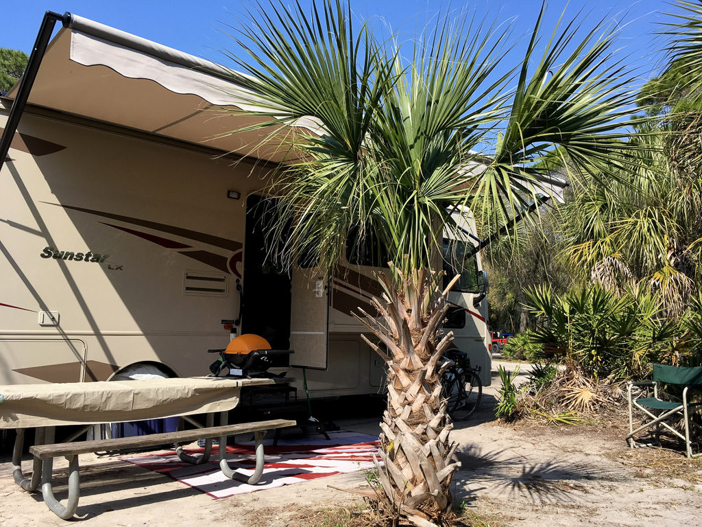 Winnebago Sunstar parked in campsite with picnic table next to the unit surrounded by palm trees.