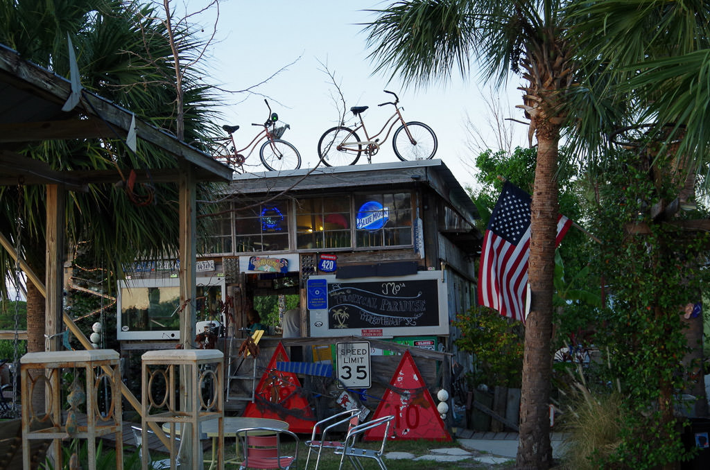 Tiki bar among palm trees with bikes up on the roof.