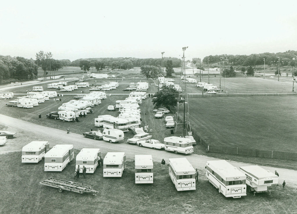 Dozens of Winnebago models parked together at the 1st Grand National Rally