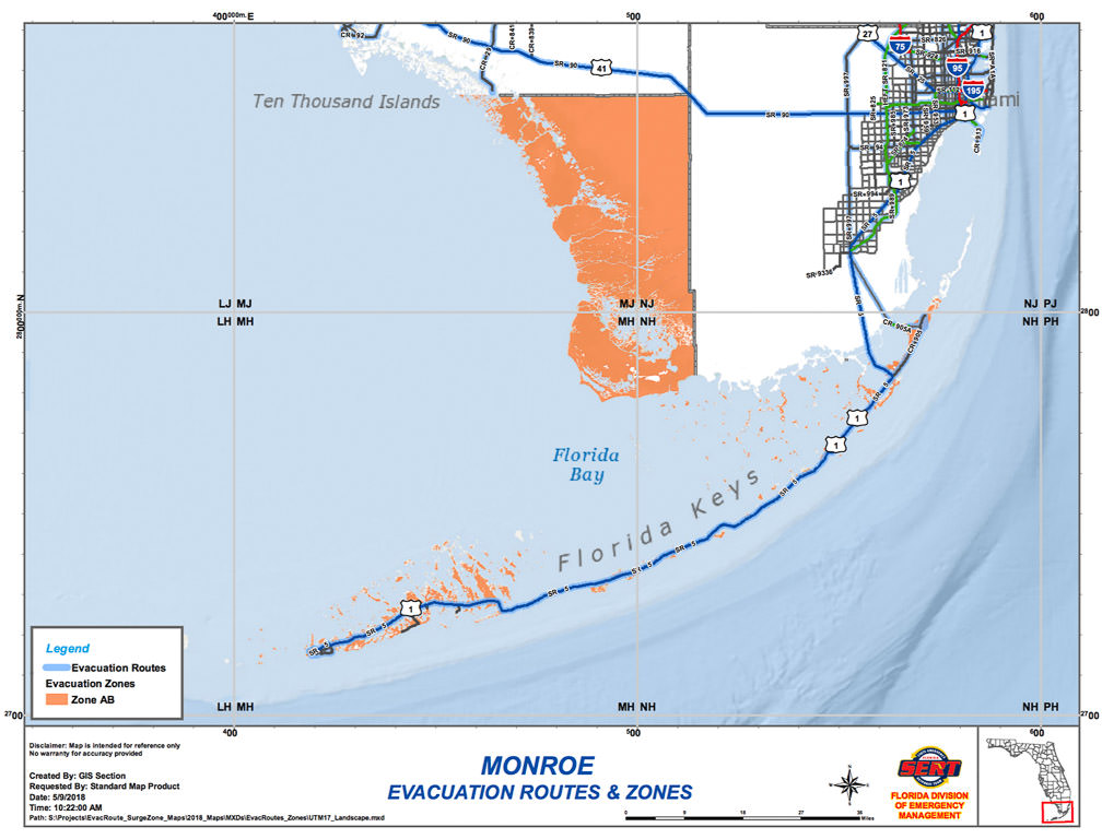 Map showing evacuation routes out of the Florida Keys.